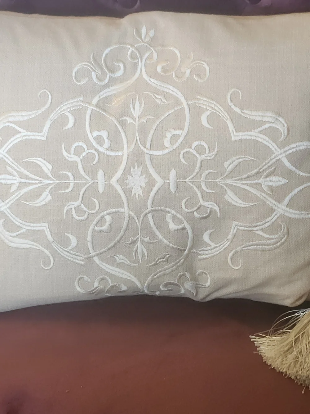 Cream Embroidered Tassel Accent Pillow -
